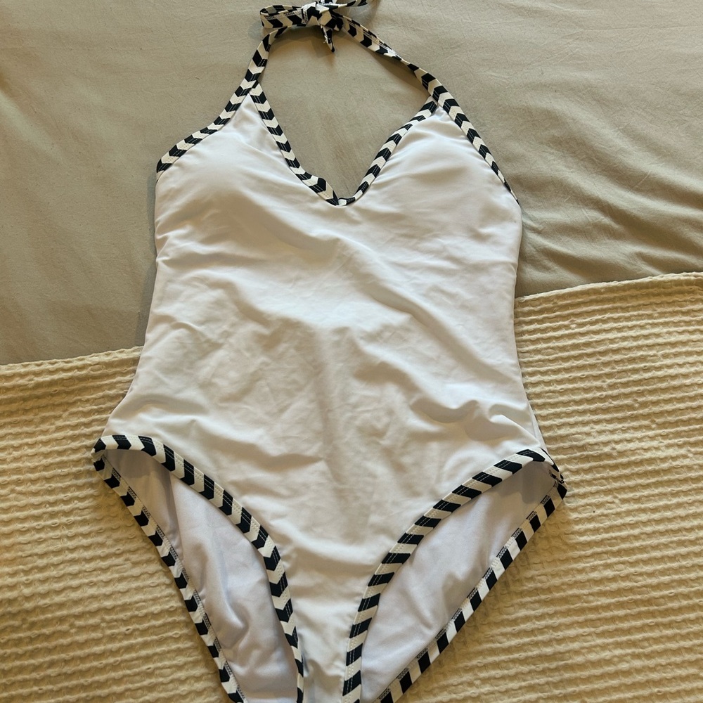 White Halter One-Piece Swimsuit with Black Stripes